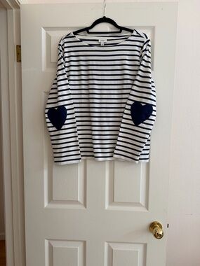 J. Crew Navy and White Striped Long-Sleeve Top with Heart Elbow Patches